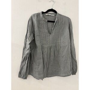 Boden Women's Gray V-Neck Pleated Linen Long Sleeve Peasant Top Size‎ 10 Boho